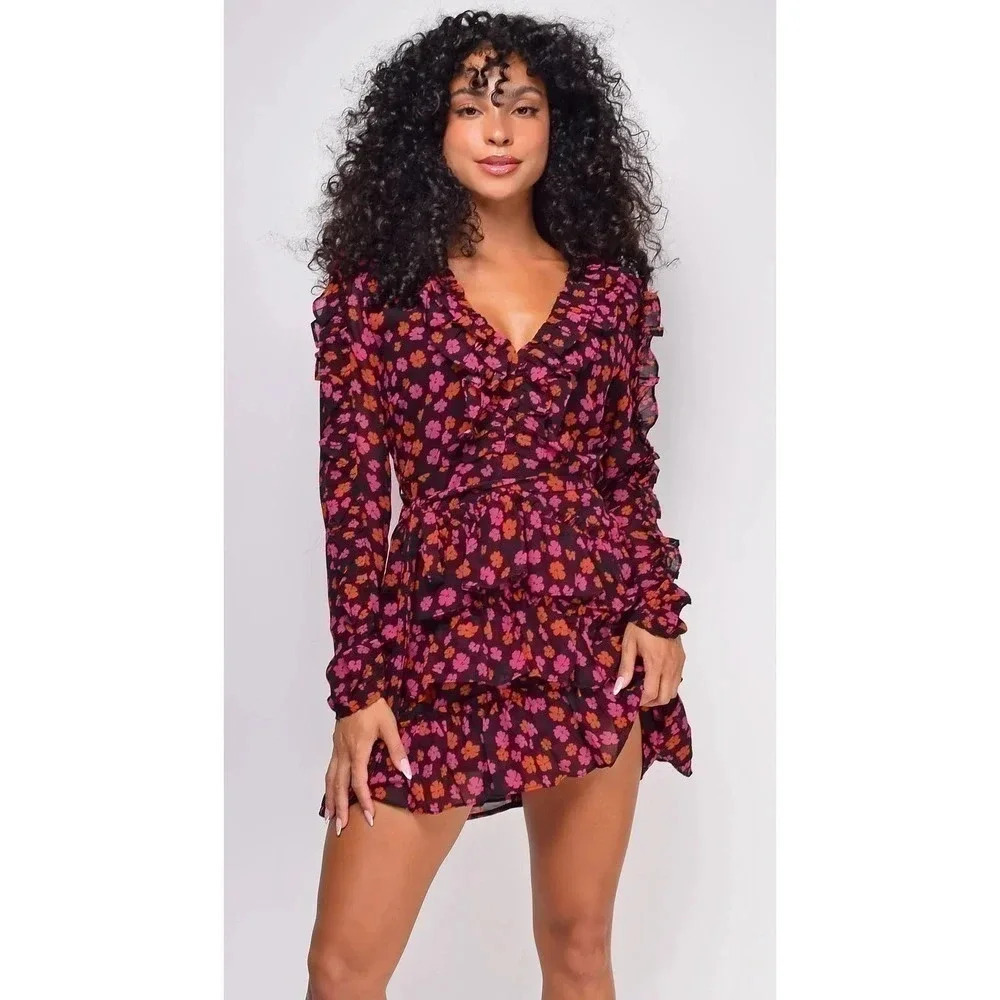 Dee Elly Ambrosia Floral Ruffle Tiered Dress Black Size XS